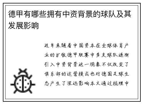 德甲有哪些拥有中资背景的球队及其发展影响